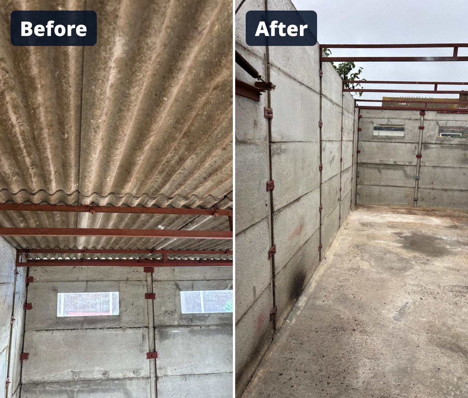 Before and after: asbestos cement garage roof removed by No.1 Asbestos Go