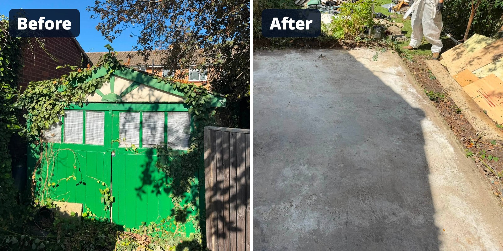 Before and after: asbestos shed removed in Sittingbourne, leaving a clean concrete base