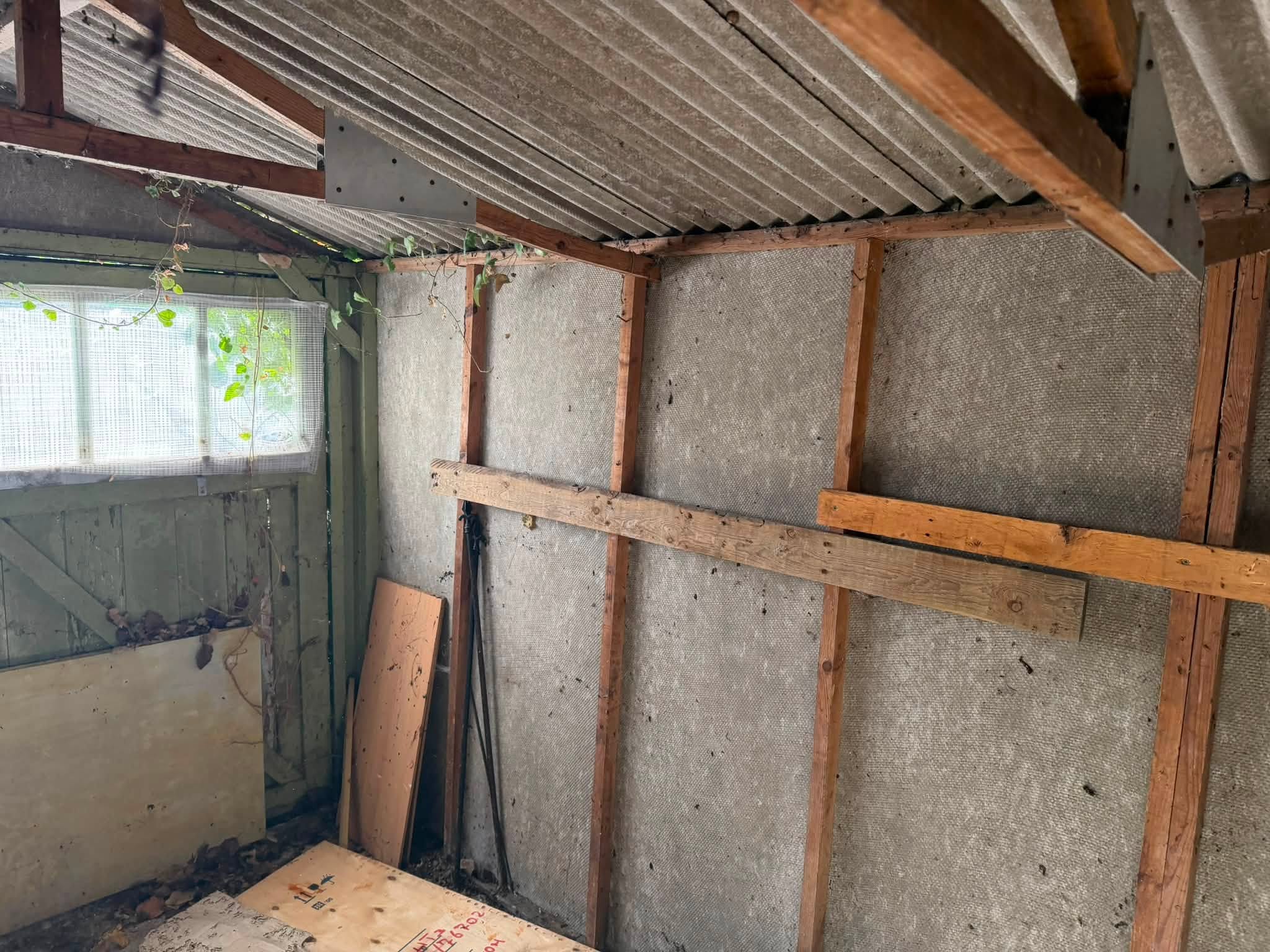 Inside an asbestos cement shed: corrugated roof sheets and flat wall panels
